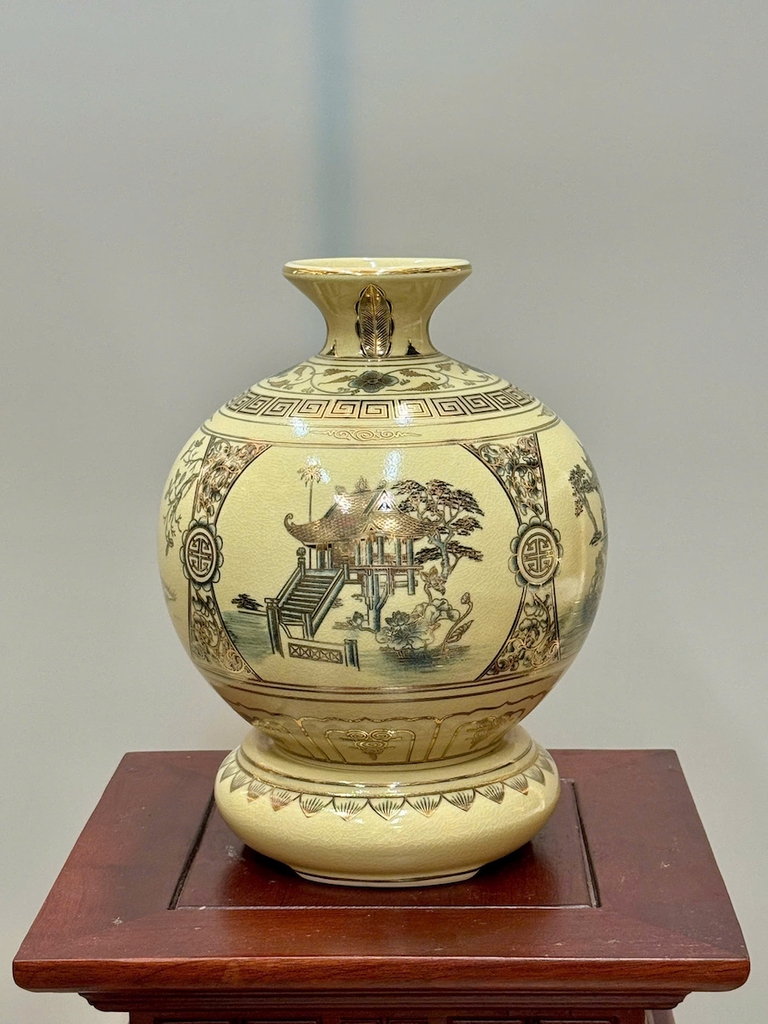 Bình Hút Lộc Tứ Cảnh Hà Nội Cao 27cm Gốm Chu Đậu Vẽ Vàng