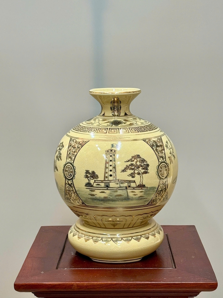 Bình Hút Lộc Tứ Cảnh Hà Nội Cao 27cm Gốm Chu Đậu Vẽ Vàng