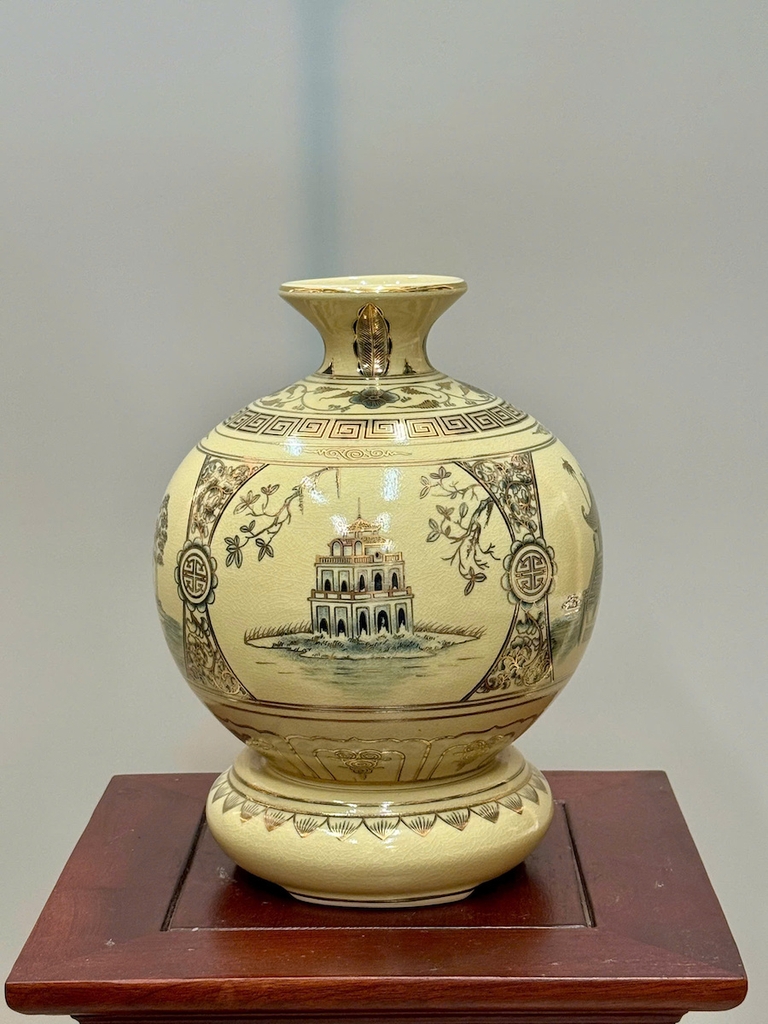 Bình Hút Lộc Tứ Cảnh Hà Nội Cao 27cm Gốm Chu Đậu Vẽ Vàng