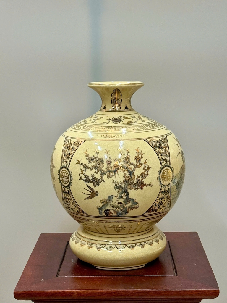 Bình Hút Lộc Tứ Cảnh Bốn Mùa Cao 27cm Gốm Chu Đậu Vẽ Vàng