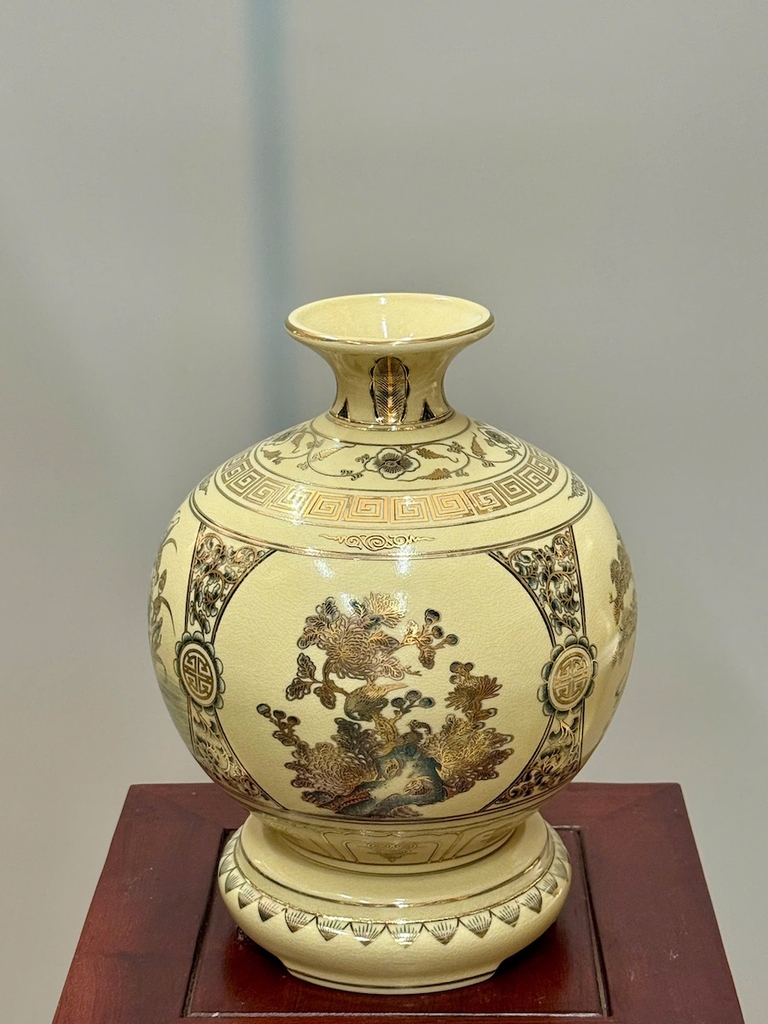 Bình Hút Lộc Tứ Cảnh Bốn Mùa Cao 29cm Gốm Chu Đậu Vẽ Vàng