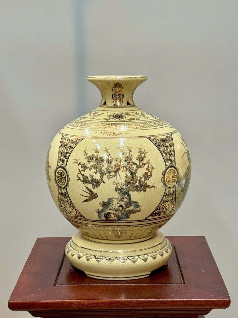 Bình Hút Lộc Tứ Cảnh Bốn Mùa Cao 29cm Gốm Chu Đậu Vẽ Vàng