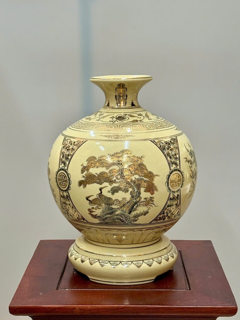 Bình Hút Lộc Tứ Cảnh Bốn Mùa Cao 29cm Gốm Chu Đậu Vẽ Vàng