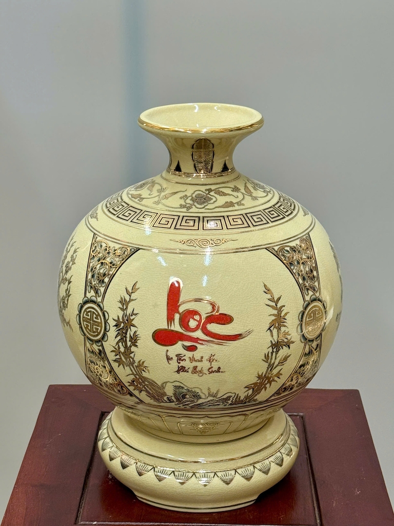 Bình Hút Lộc Tứ Cảnh Chữ Lộc Cao 29cm Gốm Chu Đậu Vẽ Vàng