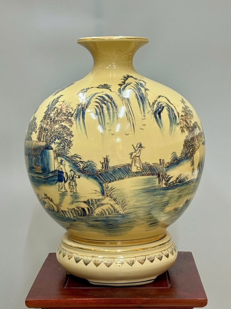 Bình Hút Tài Lộc Sơn Thuỷ Hữu Tình Cao 42cm Gốm Chu Đậu Vẽ Vàng