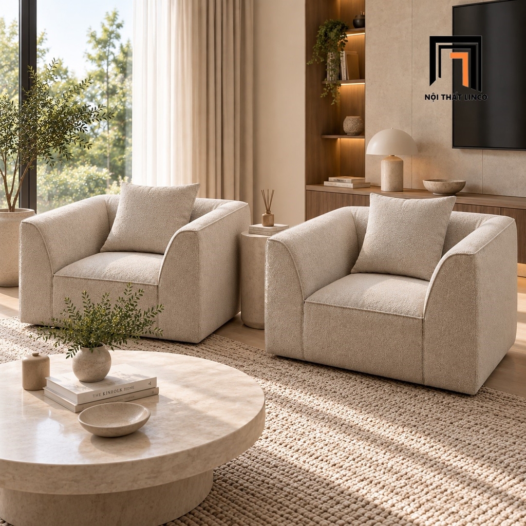 sofa bọc nỉ bố màu be hiện đại