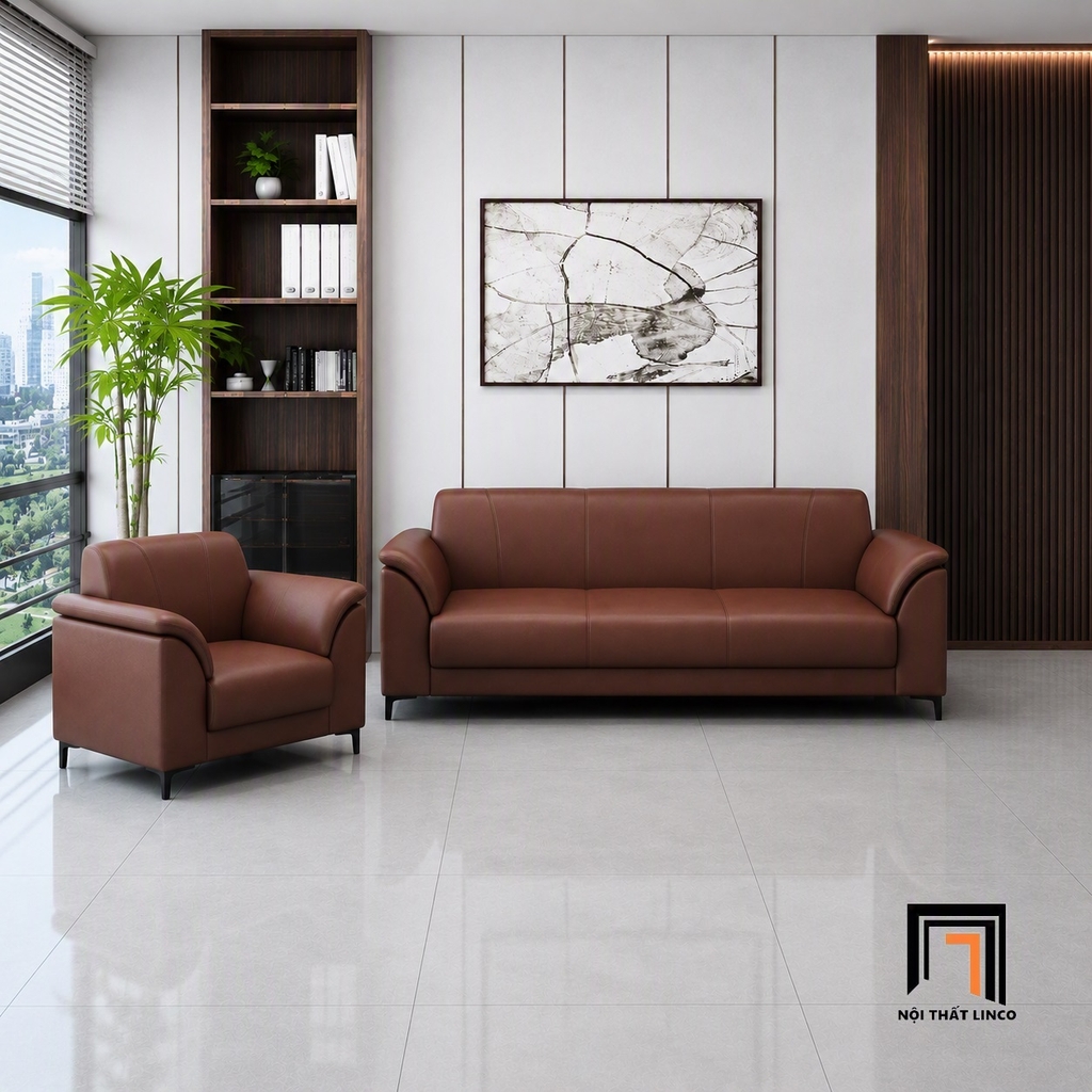 sofa văn phòng bọc da nâu sang trọng