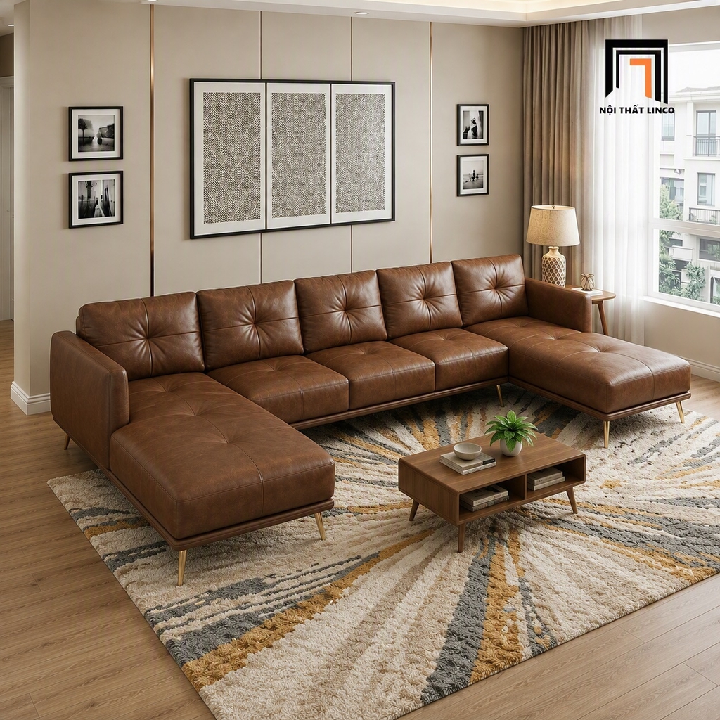sofa da nâu đậm hiện đại