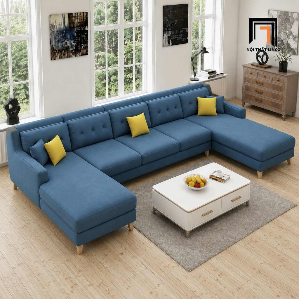 sofa bọc vải bố xanh dương