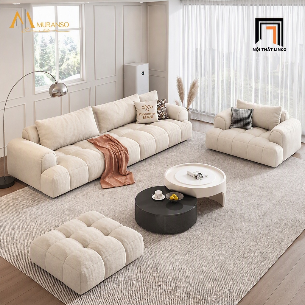 sofa vải nhung trắng kem nệm chia múi