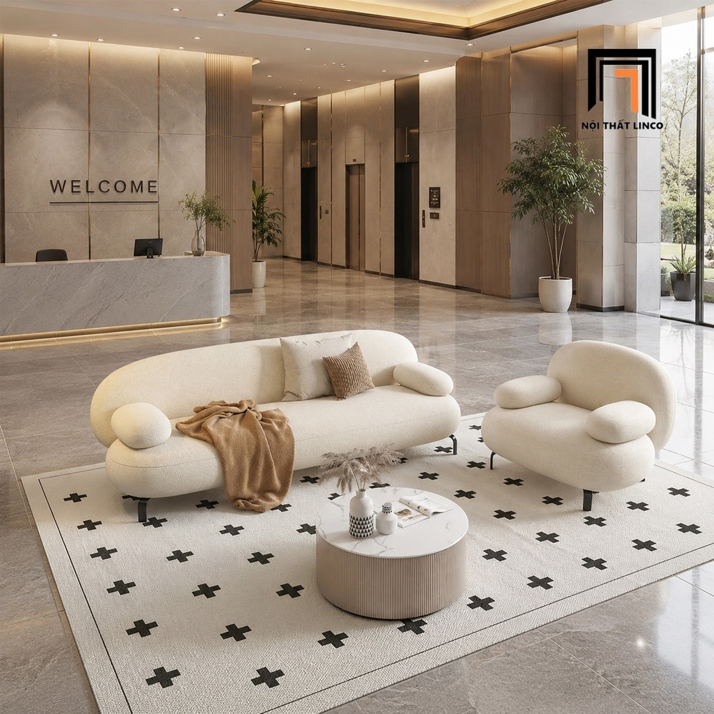 sofa xinh xắn màu trắng kem dáng cong