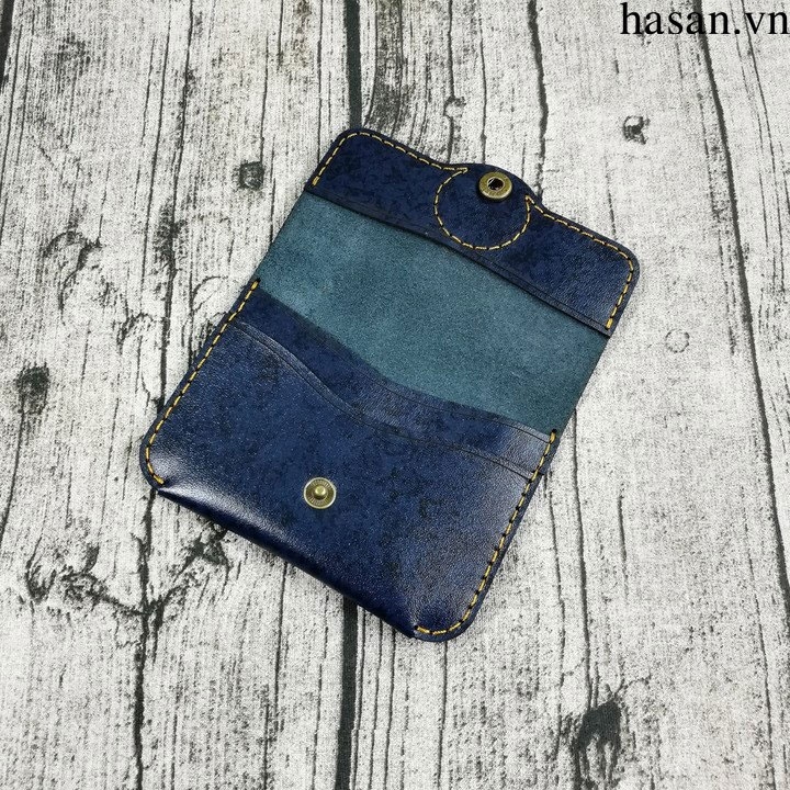 Ví da mini da bò cao cấp gài nút - Xanh dương bông