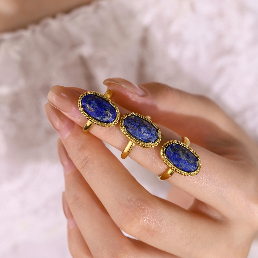 Nhẫn titan freesize mạ vàng đá ngọc lưu ly (Lapis lazuli) 2500596