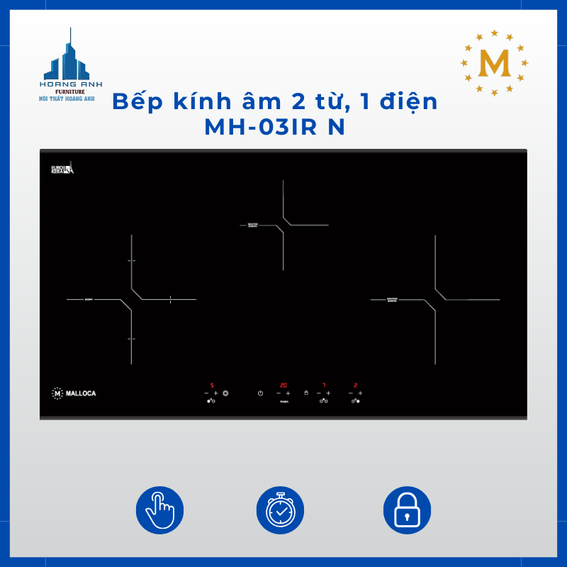 Bếp kính âm 2 từ, 1 điện Malloca MH-03IR N