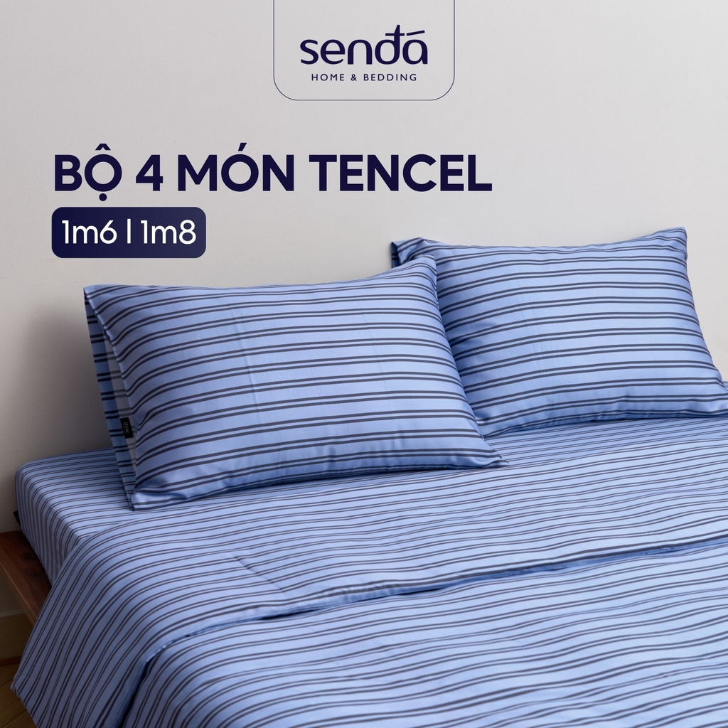 Bộ chăn ga gối 4 món Lụa Tencel họa tiết kẻ sọc
