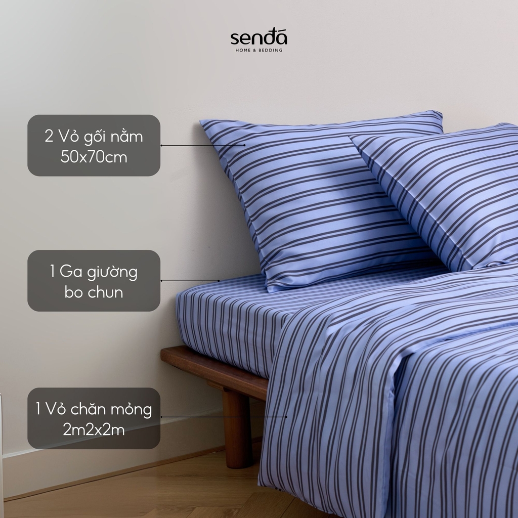 Bộ chăn ga gối 4 món Lụa Tencel họa tiết kẻ sọc - Sọc xanh rêu