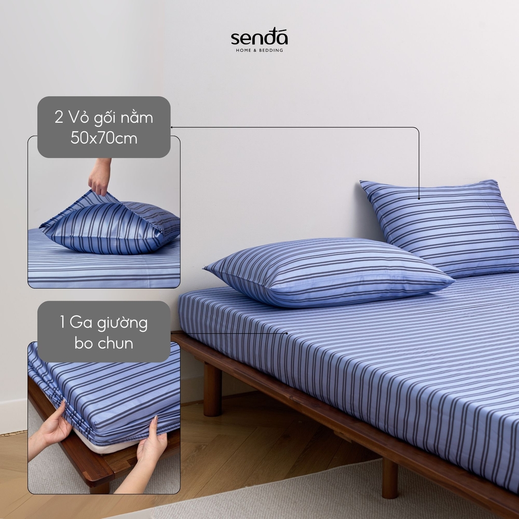 Bộ ga gối 3 món Lụa Tencel  họa tiết kẻ sọc - Sọc xanh navy