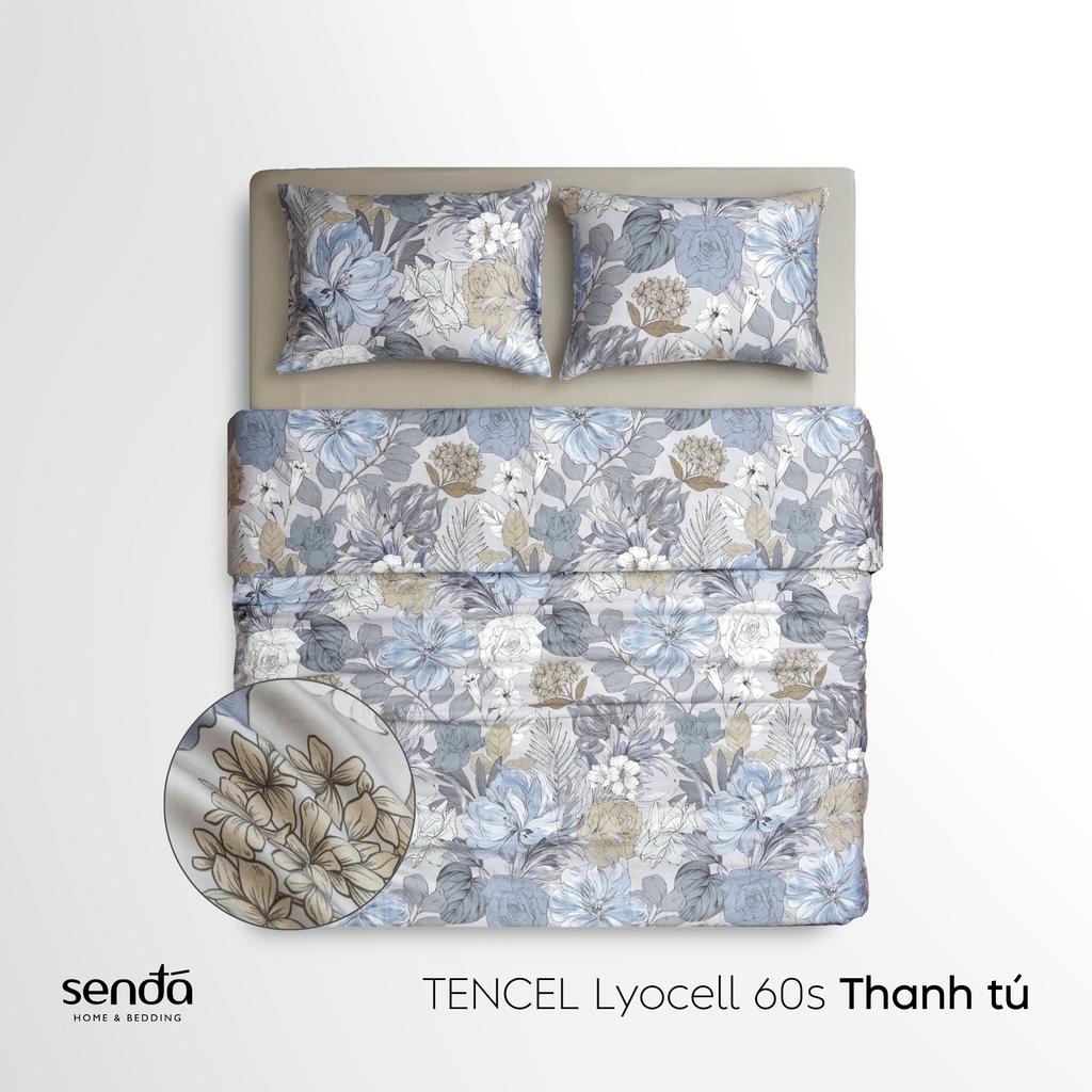 Bộ chăn ga gối 4 món (chăn chần bông) Lụa Tencel 60S họa tiết - Thanh tú