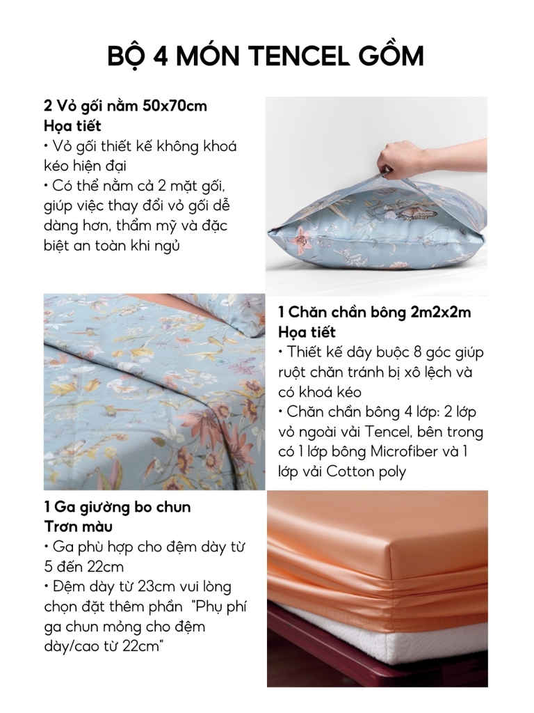 Bộ chăn ga gối 4 món (chăn chần bông) Lụa Tencel 60S họa tiết - Thủy tùng