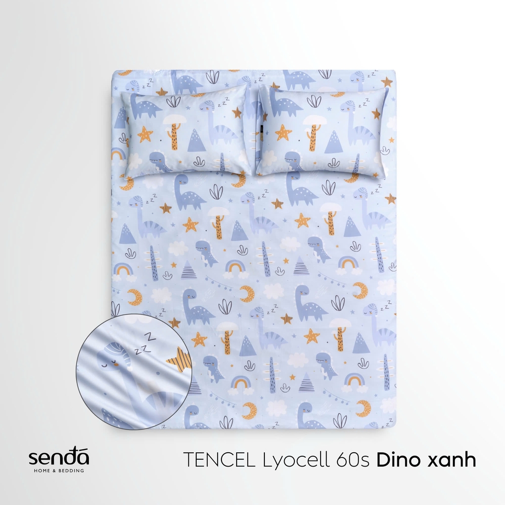 Bộ ga gối 3 món cho bé Lụa Tencel họa tiết - Dino xanh