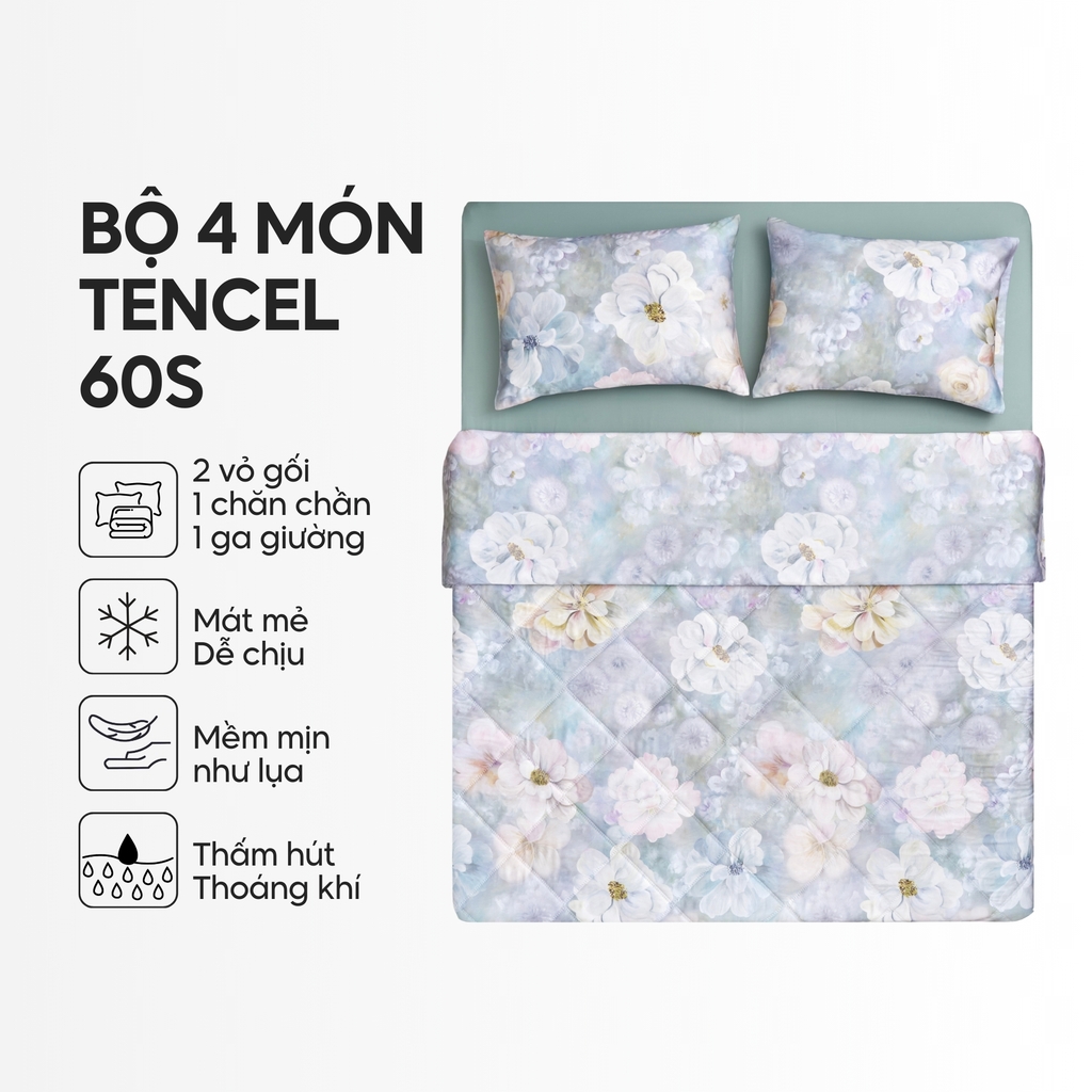 Bộ chăn ga gối 4 món (chăn chần bông) Lụa Tencel 60S họa tiết - Ngọc vân