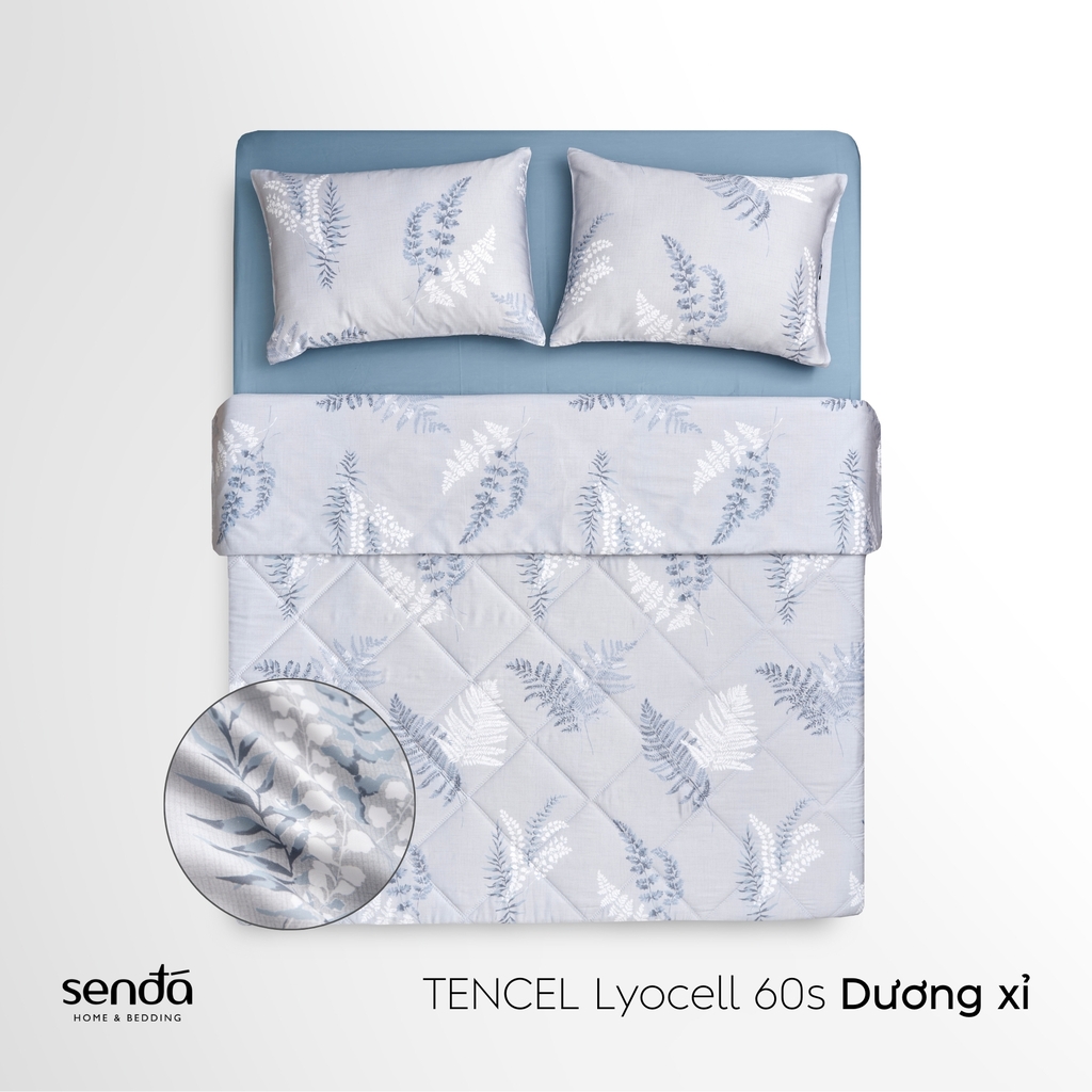 Bộ chăn ga gối 4 món (chăn chần bông) Lụa Tencel 60S họa tiết - Dương xỉ