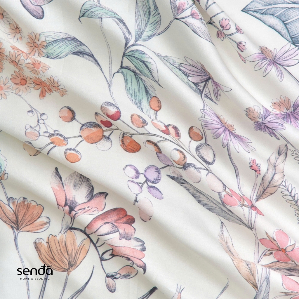 Bộ chăn ga gối 5 món Lụa Tencel 60S họa tiết - Bách thảo tím