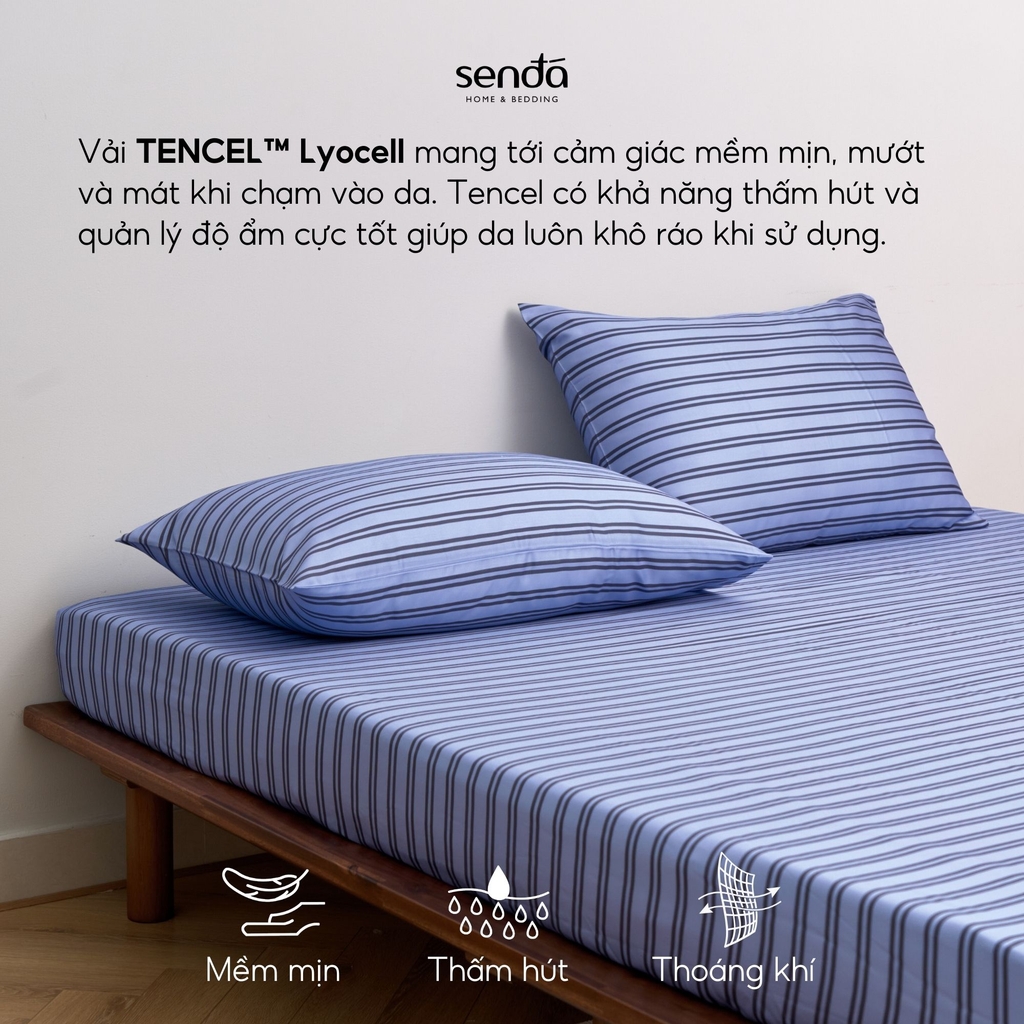 Bộ ga gối 3 món Lụa Tencel  họa tiết kẻ sọc - Sọc xanh rêu