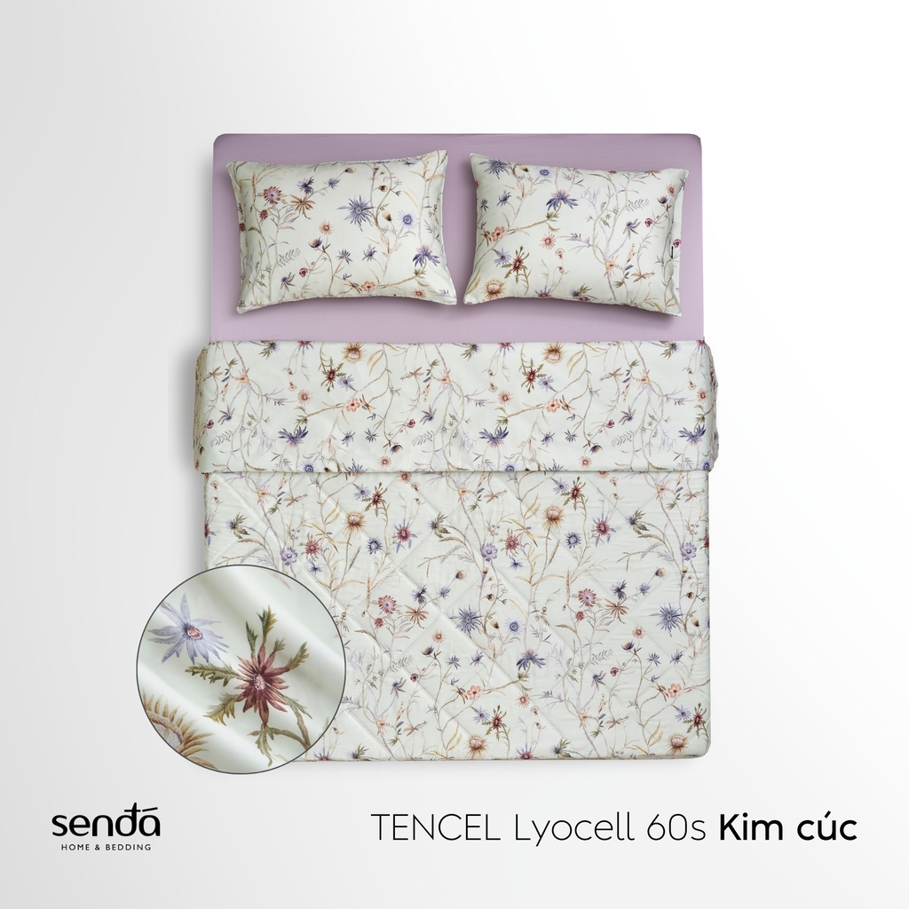 Bộ chăn ga gối 4 món (chăn chần bông) Lụa Tencel 60S họa tiết - Kim cúc