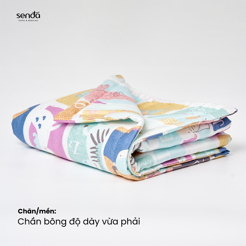 Bộ chăn gối cho bé đi học Lụa Tencel họa tiết - Dino xanh