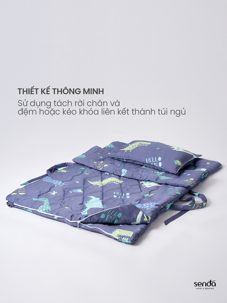 Bộ chăn gối nệm cho bé gấp gọn 5 trong 1 Lụa Tencel họa tiết - Gấu du hành
