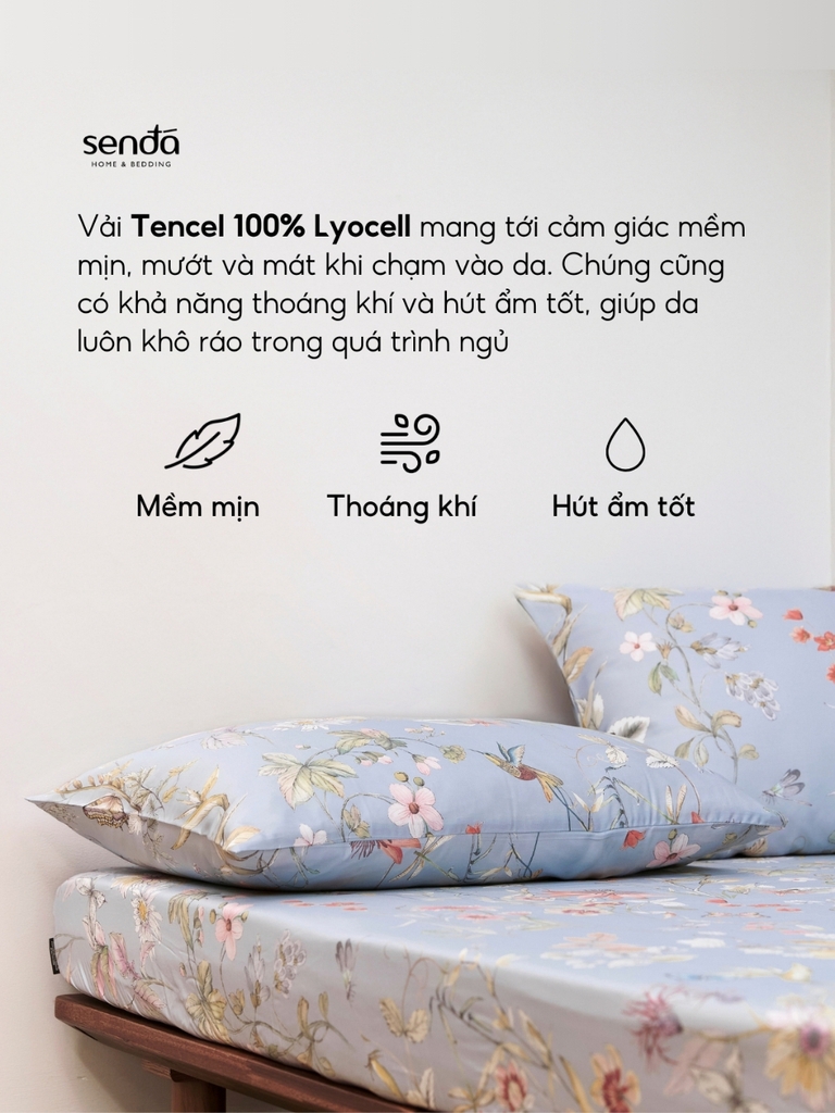 Bộ ga gối 3 món Lụa Tencel 60S họa tiết - Mộc lan