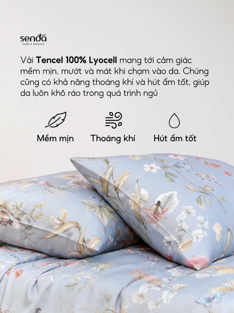 Bộ chăn ga gối 5 món Lụa Tencel 60S họa tiết - Hoa hồng xanh
