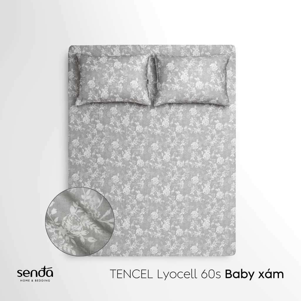 Bộ ga gối 3 món Lụa Tencel 60S họa tiết - Baby xám