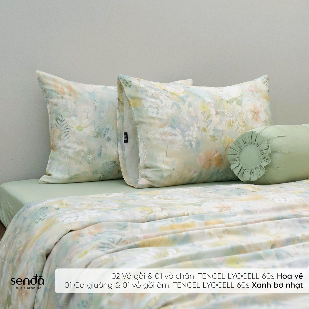 Bộ chăn ga gối 5 món Lụa Tencel 60S họa tiết - Hoa vẽ