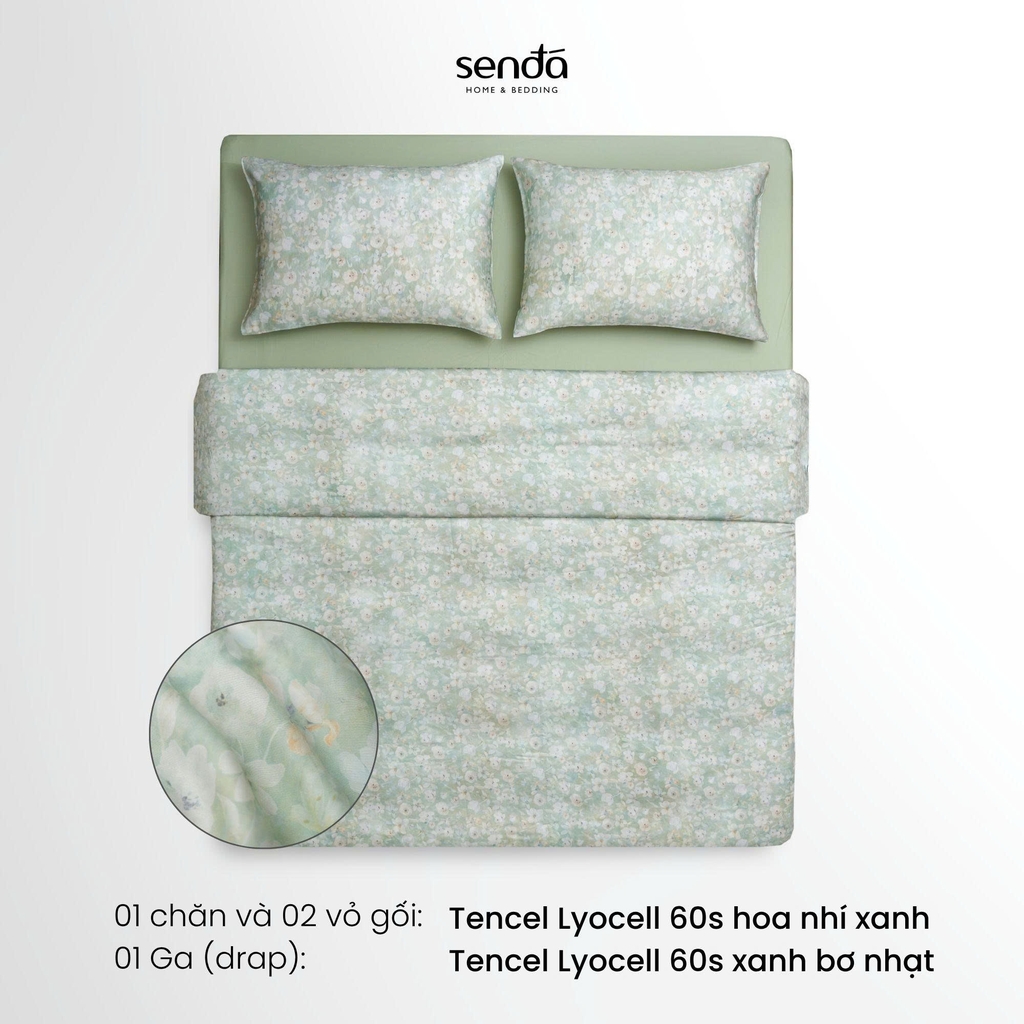 Bộ chăn ga gối 4 món (chăn chần bông) Lụa Tencel 60S họa tiết - Hoa nhí xanh