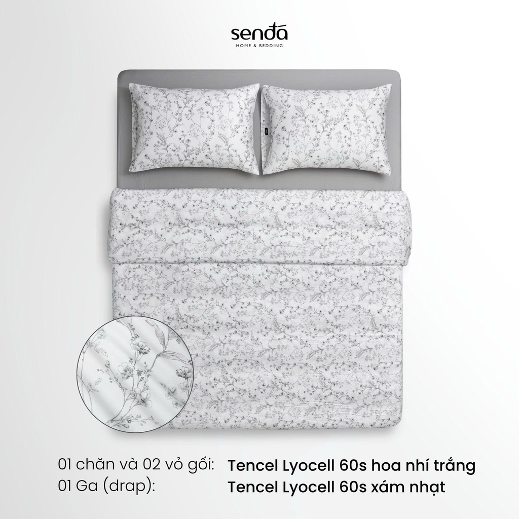 Bộ chăn ga gối 4 món (chăn chần bông) Lụa Tencel 60S họa tiết - Hoa nhí trắng
