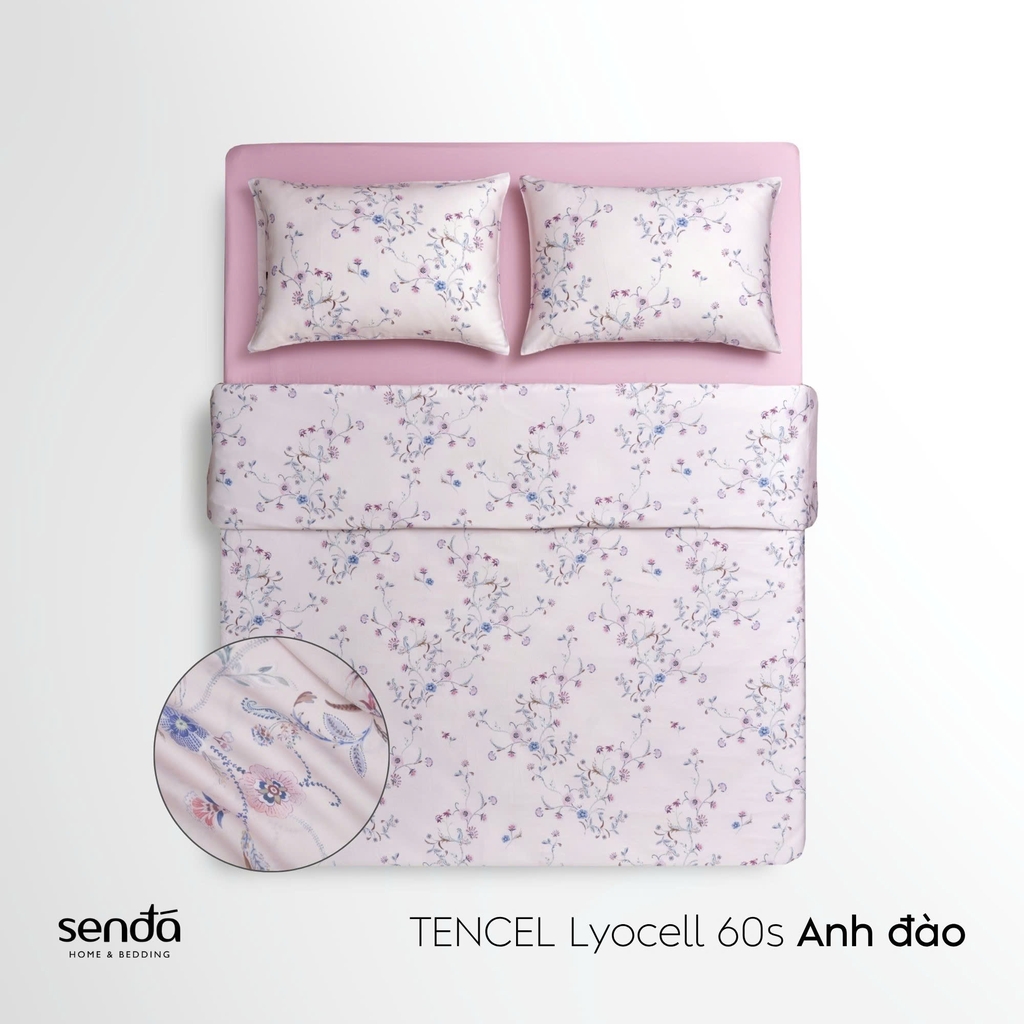 Bộ chăn ga gối 4 món (chăn chần bông) Lụa Tencel 60S họa tiết - Anh đào