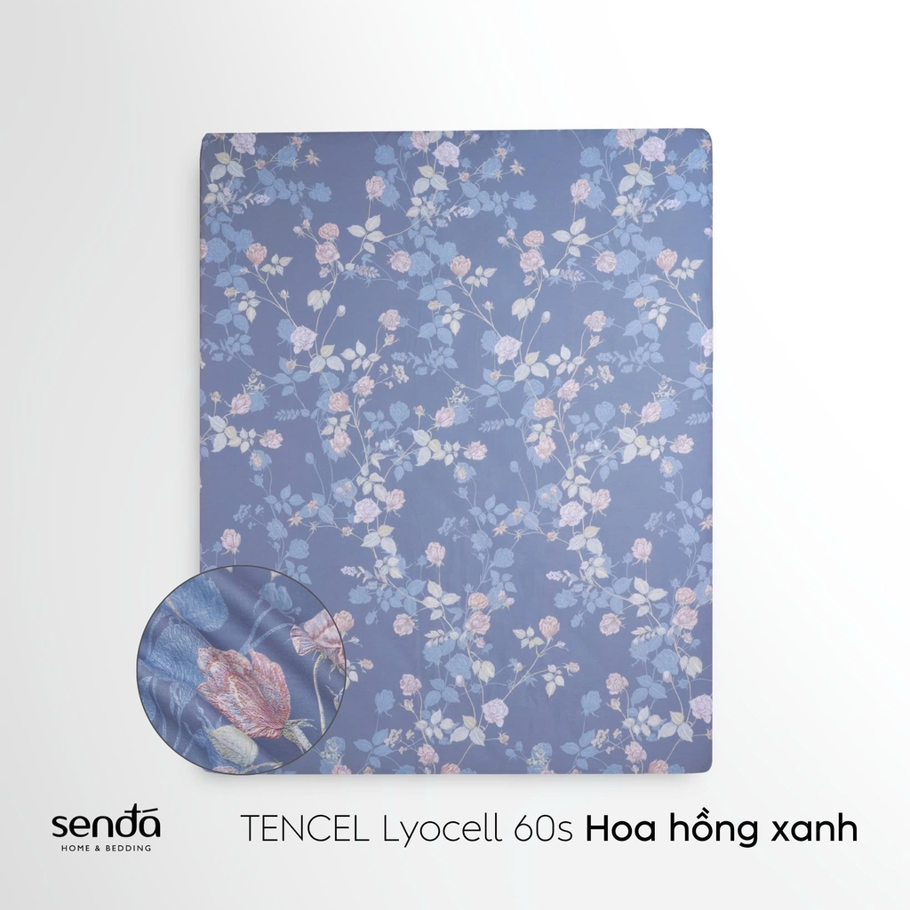 Bộ ga gối 3 món Lụa Tencel 60S họa tiết - Hoa hỗng xanh