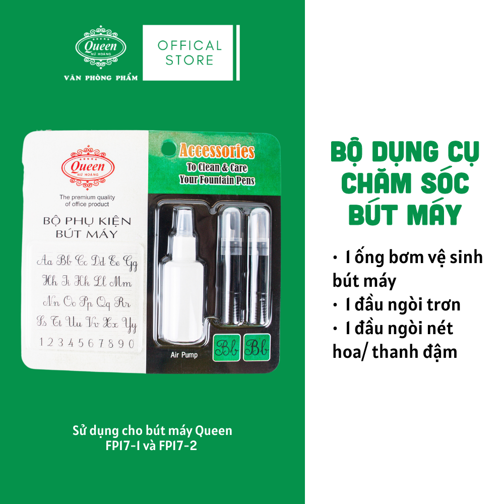 Queen - Bộ Phụ Kiện Bút Máy FPA-01 (1 Ngòi Trơn, 1 Ngòi Nét Hoa, 1 Bơm vệ sinh) (Sử dụng cho bút máy FP17) (24 Bộ/Hộp)