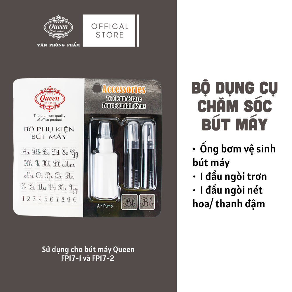 Queen - Bộ Phụ Kiện Bút Máy FPA-01 (1 Ngòi Trơn, 1 Ngòi Nét Hoa, 1 Bơm vệ sinh) (Sử dụng cho bút máy FP17) (24 Bộ/Hộp)