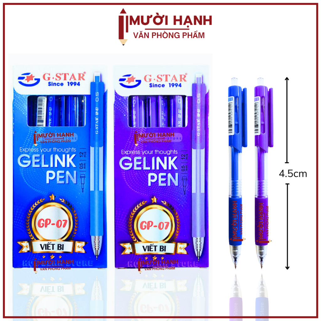 G-Star Bút Gel GP07 Ngòi 0.5mm Mực Xanh, Tím (12 Cây/ Hộp; 12 Hộp/ Lốc)