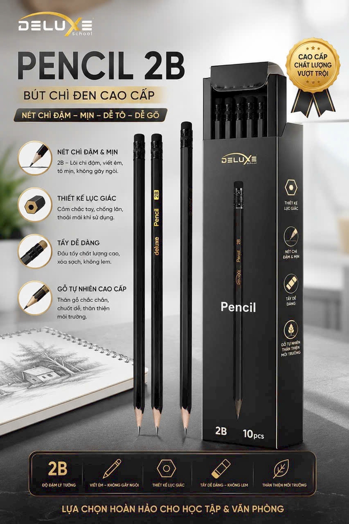 Bút Chì Gỗ 2B Deluxe 50-50 (10 Cây/Hộp, 24 Hộp/Lốc, 144 Hộp/Thùng)