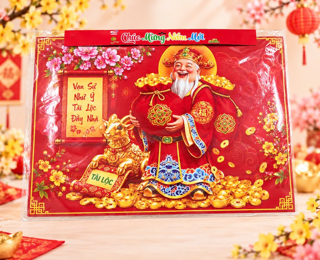 Tranh Tráng Gương 53*76 (Hình Thần Tài, Phật Di Lặc, Dê Sum Vầy, Ông Thọ)
