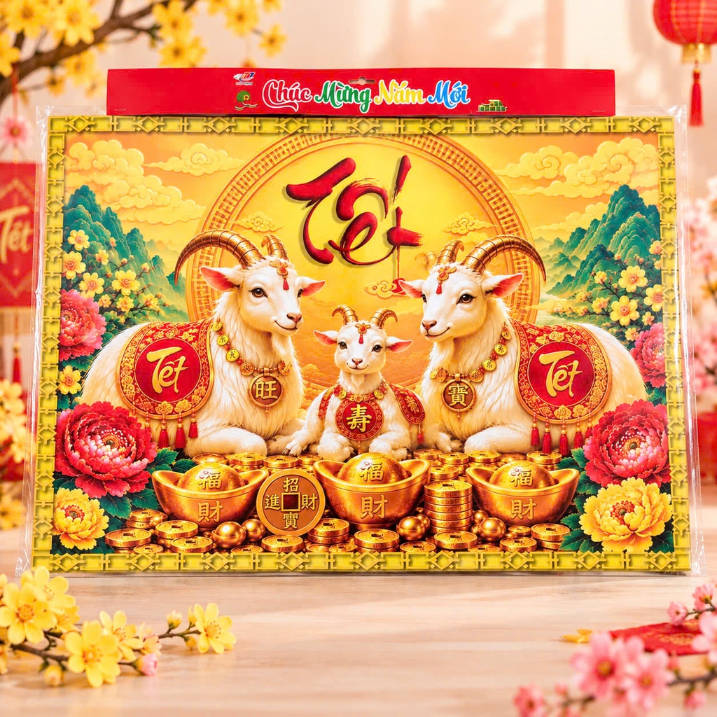 Tranh Tráng Gương 53*76 (Hình Thần Tài, Phật Di Lặc, Dê Sum Vầy, Ông Thọ)