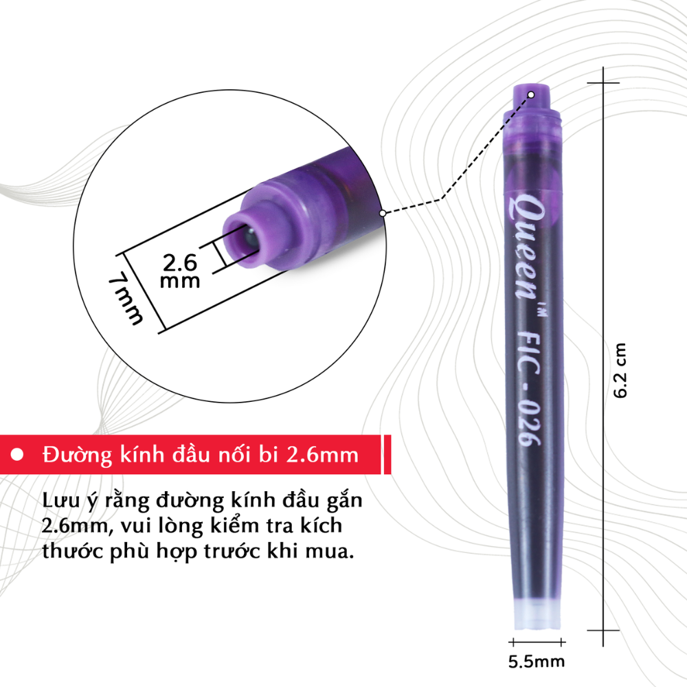 Queen Ống Mực Queen FIC-034 Ống Lớn 34mm (12 Ống/ Hộp; 12 Hộp/ Lốc) (Mực Xanh, Tím)