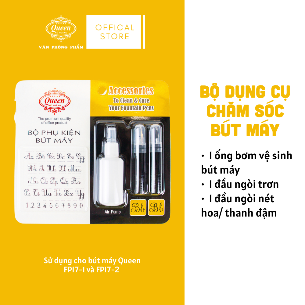 Queen - Bộ Phụ Kiện Bút Máy FPA-01 (1 Ngòi Trơn, 1 Ngòi Nét Hoa, 1 Bơm vệ sinh) (Sử dụng cho bút máy FP17) (24 Bộ/Hộp)