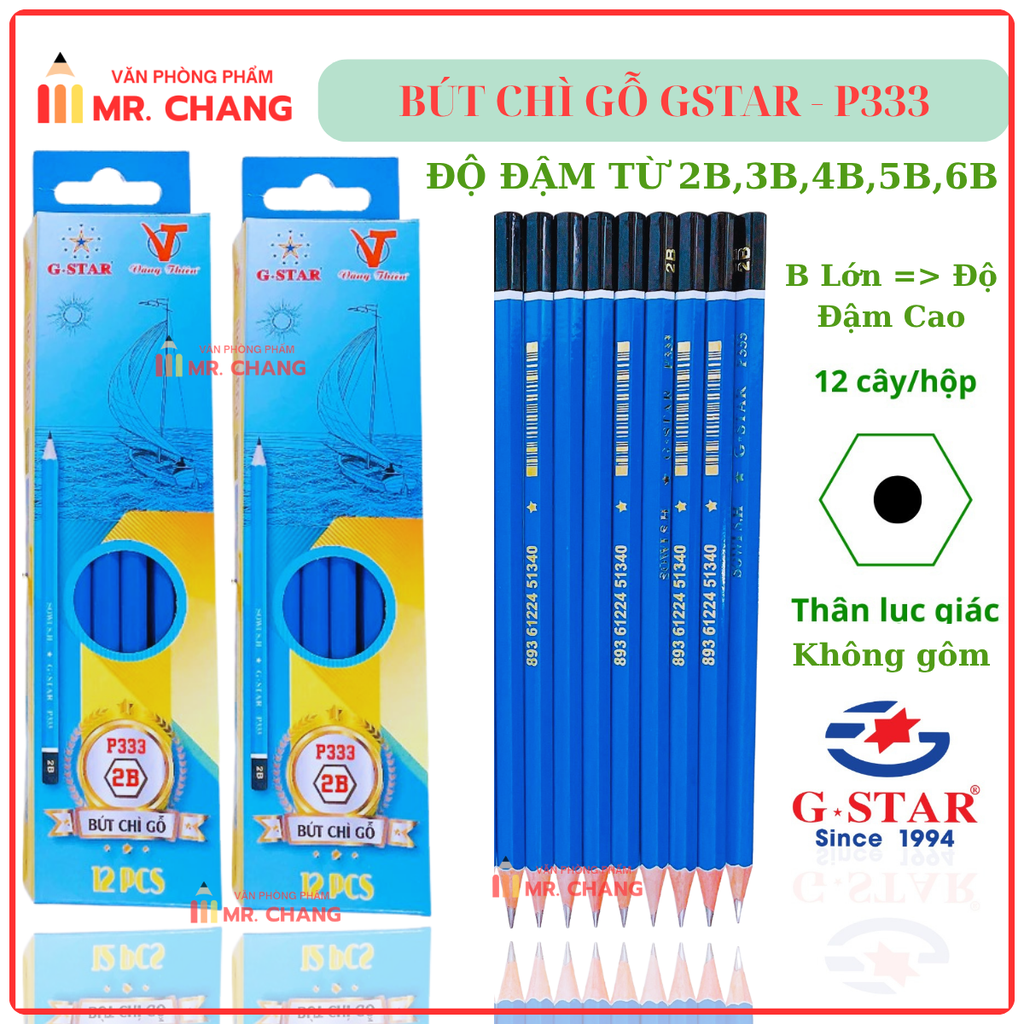 G-Star Bút Chì Gỗ P333- 2B; 3B; 4B; 5B; 6B (12 Cây/Hộp; 12 Hộp/Lốc; 240 Hộp/ Thùng)