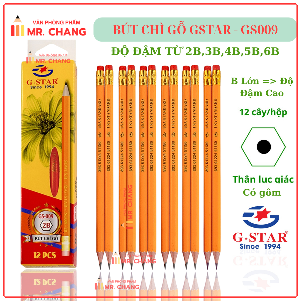 G-Star Bút Chì Gỗ GS009 2B; 3B; 4B; 5B; 6B (12 Cây/Hộp; 12 Hộp/ Lốc; 240 Hộp/ Thùng)