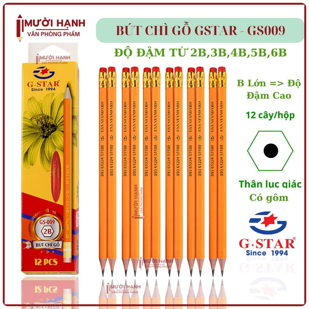 G-Star Bút Chì Gỗ GS009 2B; 3B; 4B; 5B; 6B (12 Cây/Hộp; 12 Hộp/ Lốc; 240 Hộp/ Thùng)